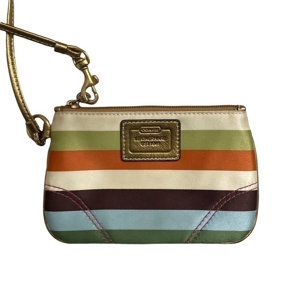 Coach legacy striped multicolor wristlet bag sateen and leather RARE - Picture 1 of 6